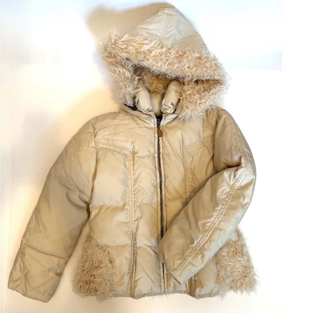Kids Ermanno Scervino Junior Cream Hooded Jacket with Mongolian Faux Fur Trim